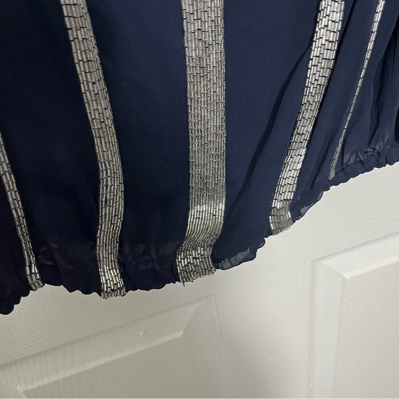 ALICE + OLIVIA Navy Silk 3/4 Sheer Sleeve Silver Beaded Blouse | size Small. - Picture 6 of 10